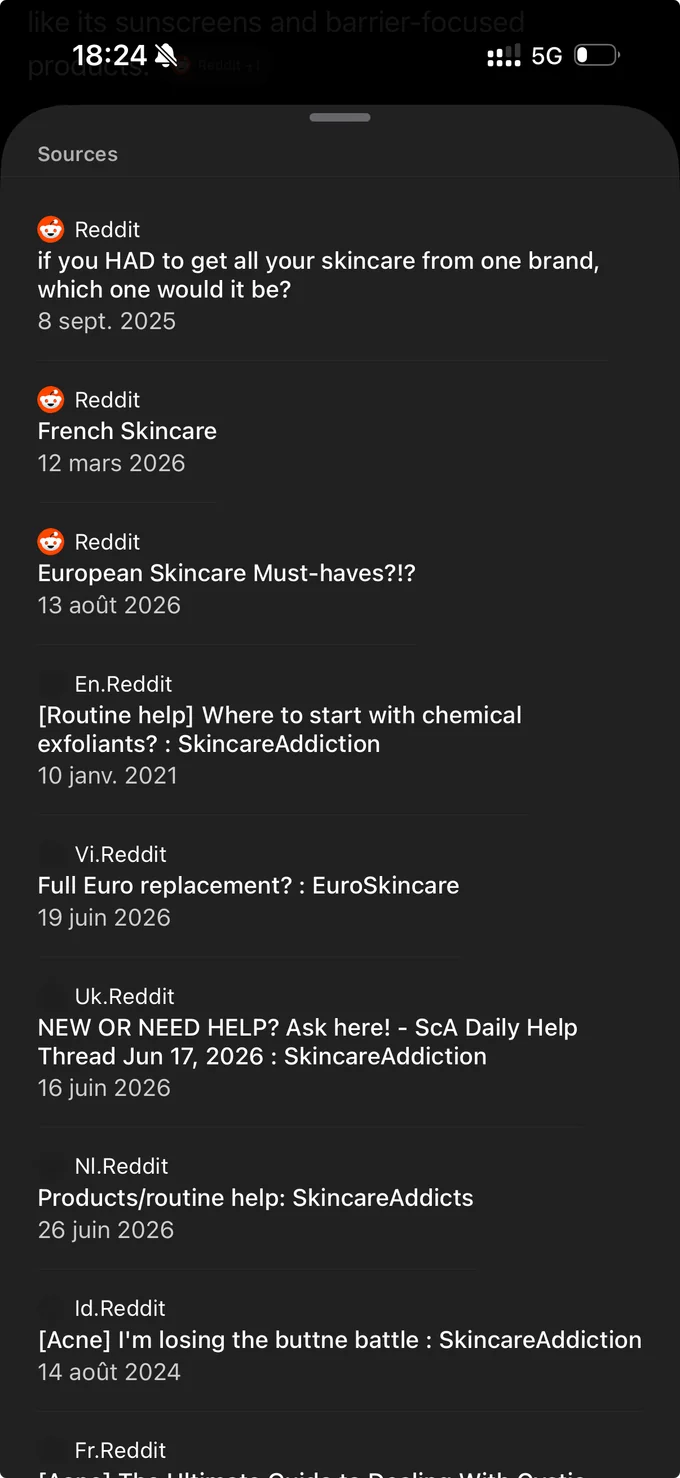Mobile screenshot of Reddit sources for skincare questions